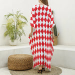 Red And White Harlequin Pattern Print Silk V-Neck Kaftan Dress