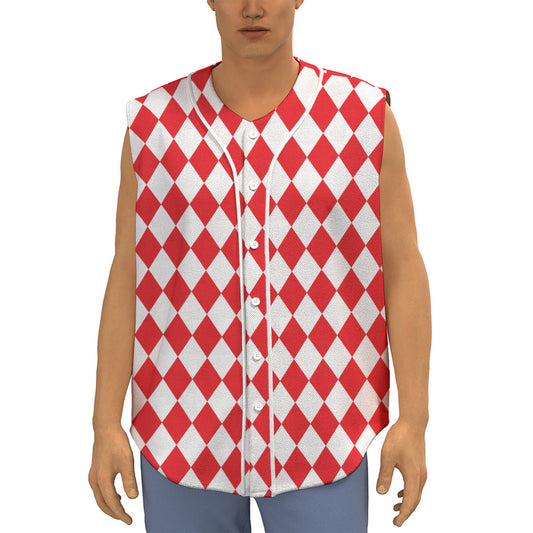 Red And White Harlequin Pattern Print Sleeveless Baseball Jersey