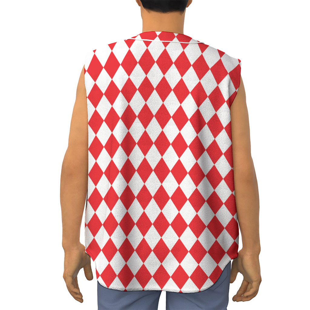 Red And White Harlequin Pattern Print Sleeveless Baseball Jersey