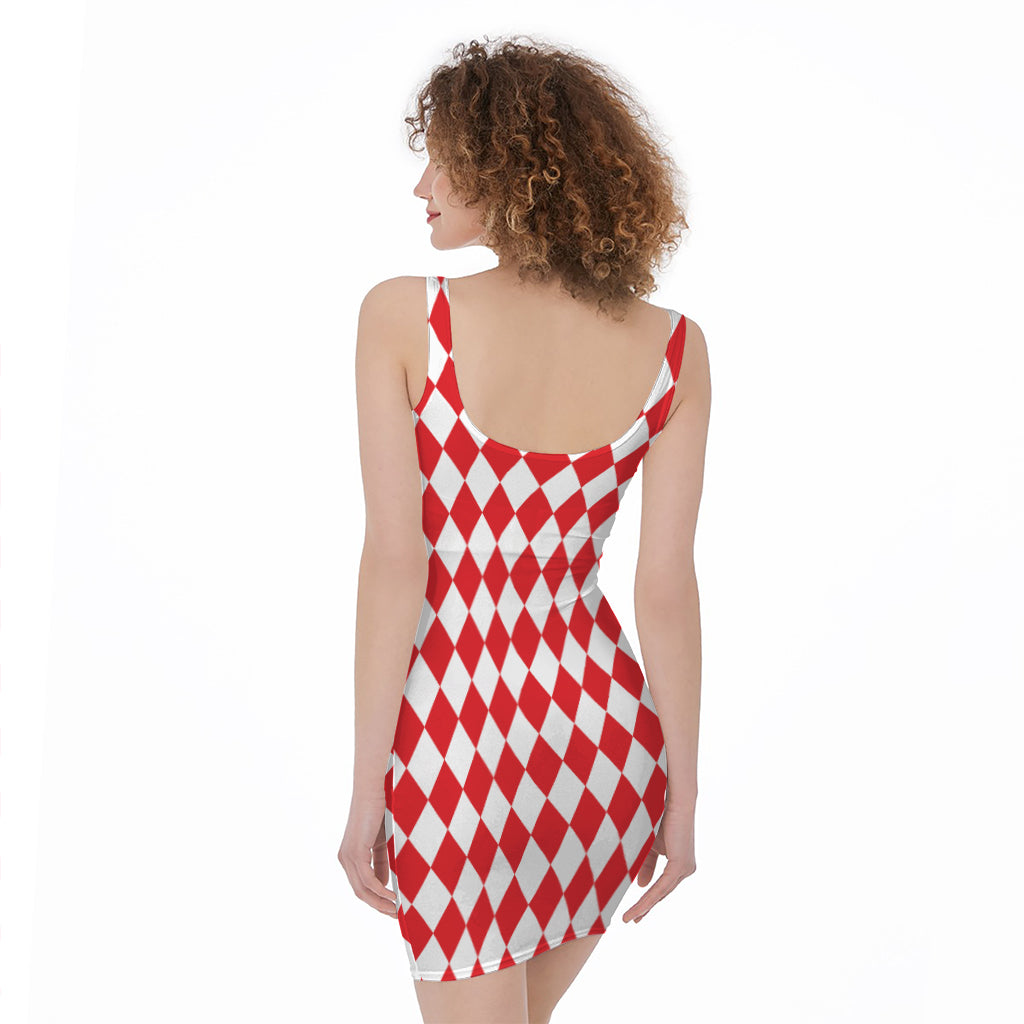 Red And White Harlequin Pattern Print Sleeveless Bodycon Dress