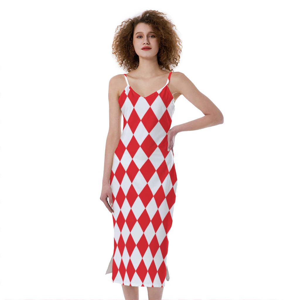 Red And White Harlequin Pattern Print Slim Fit Midi Cami Dress