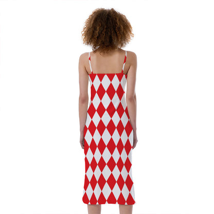 Red And White Harlequin Pattern Print Slim Fit Midi Cami Dress