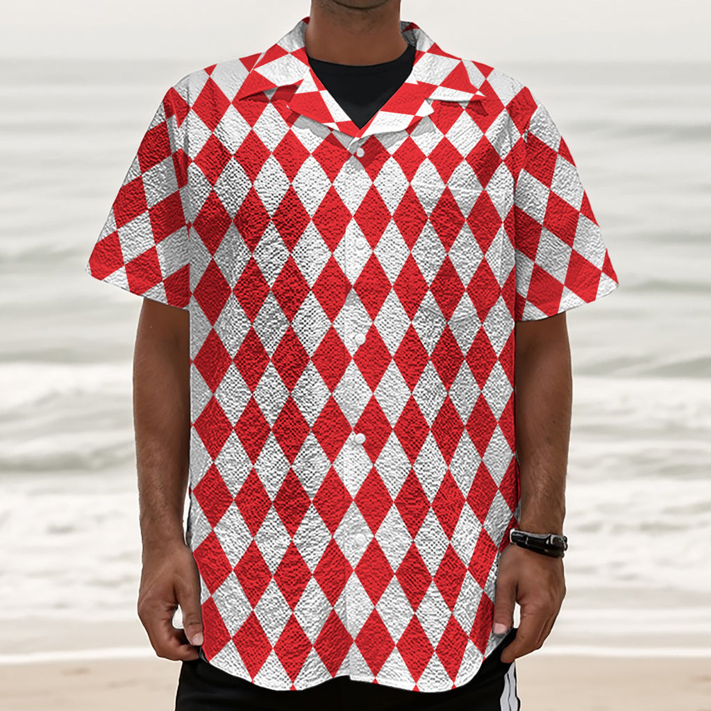 Red And White Harlequin Pattern Print Textured Short Sleeve Shirt