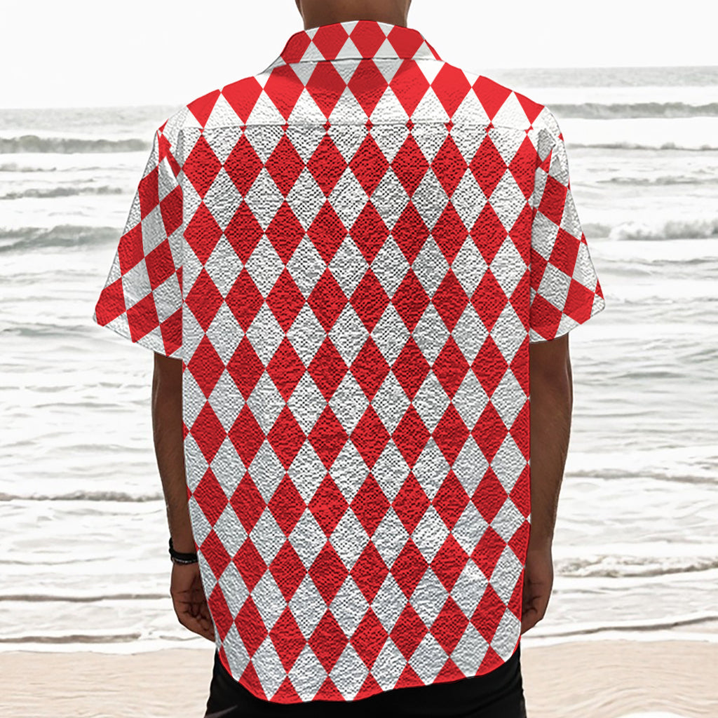 Red And White Harlequin Pattern Print Textured Short Sleeve Shirt