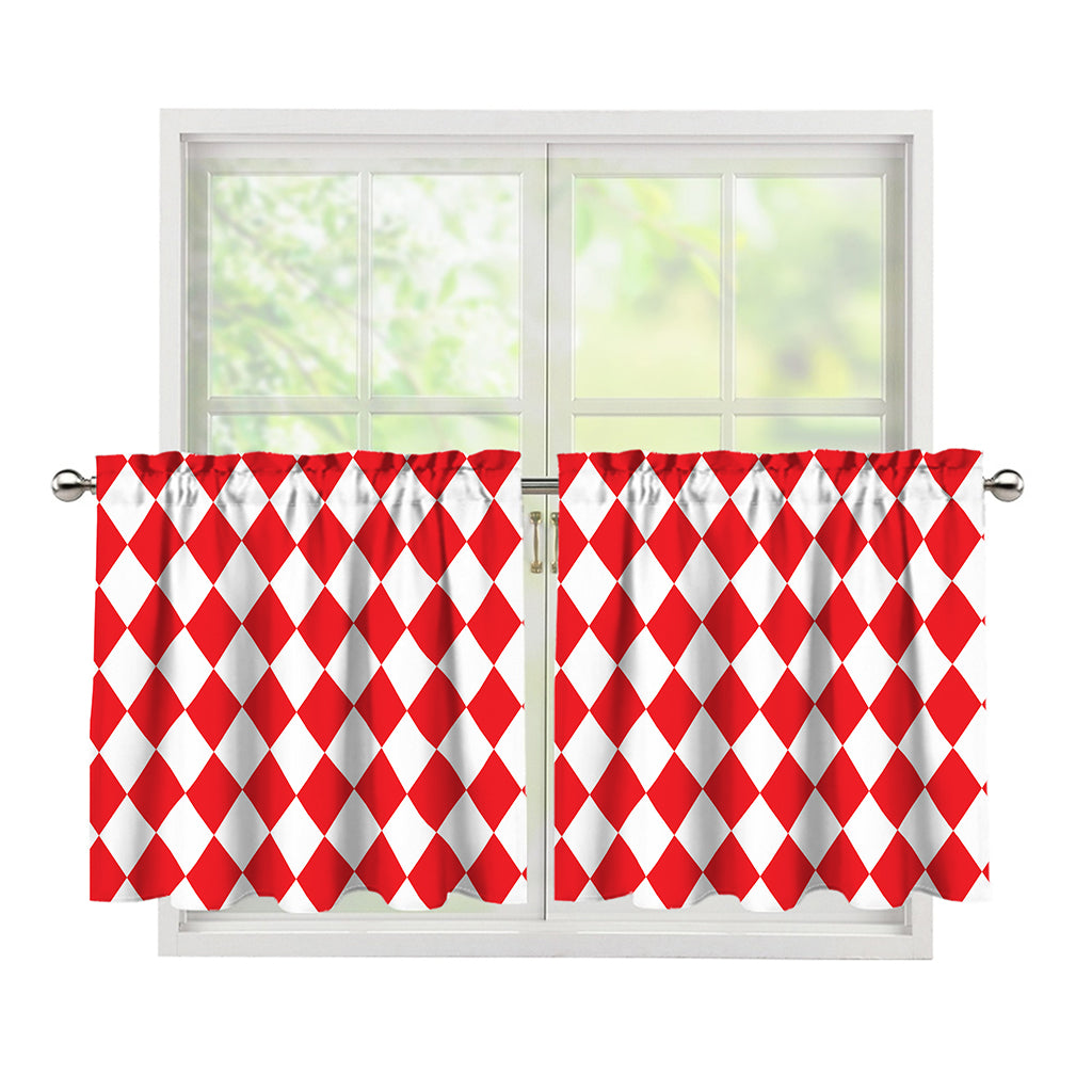 Red And White Harlequin Pattern Print Tier Curtains