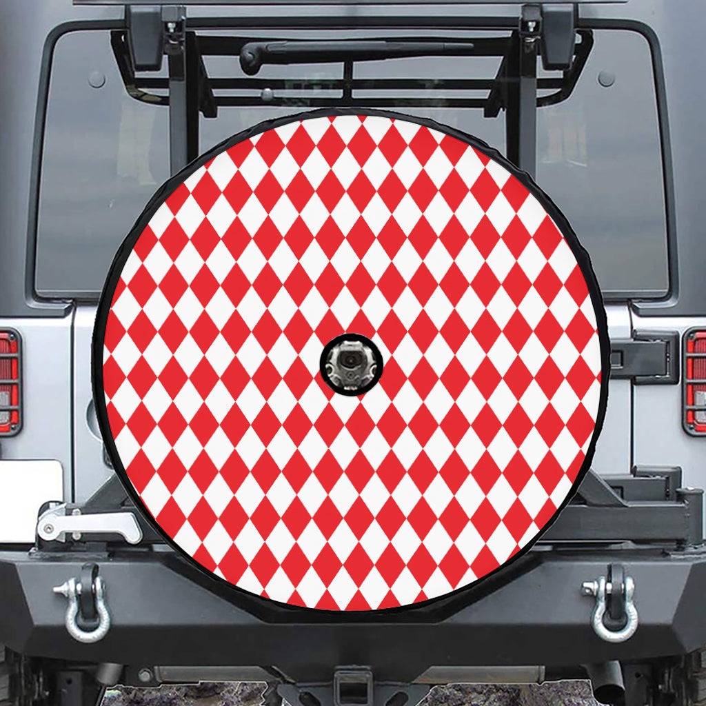 Red And White Harlequin Pattern Print Tire Cover With Camera Hole