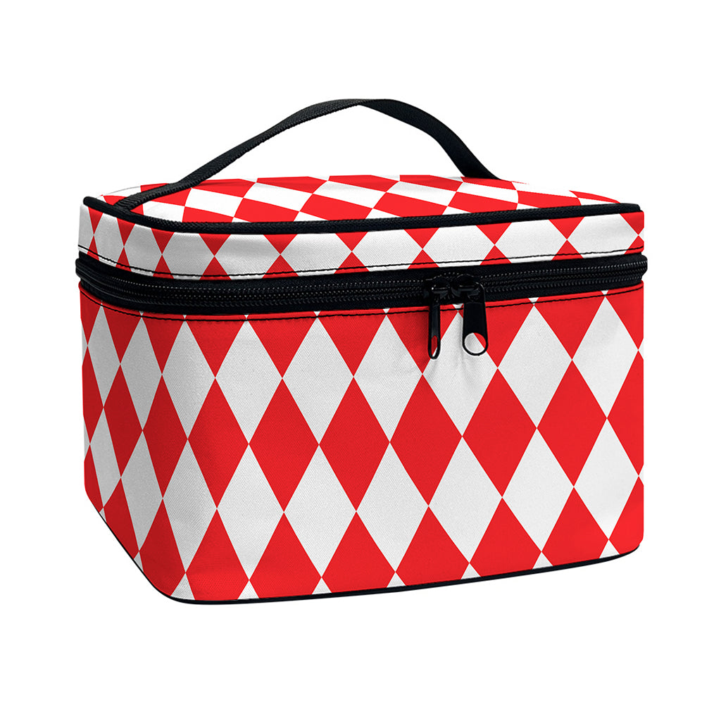 Red And White Harlequin Pattern Print Travel Makeup Bag