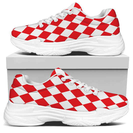 Red And White Harlequin Pattern Print White Chunky Shoes