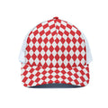 Red And White Harlequin Pattern Print White Mesh Trucker Hat
