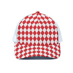 Red And White Harlequin Pattern Print White Mesh Trucker Cap