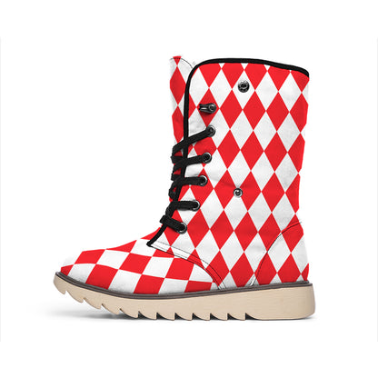 Red And White Harlequin Pattern Print Winter Boots
