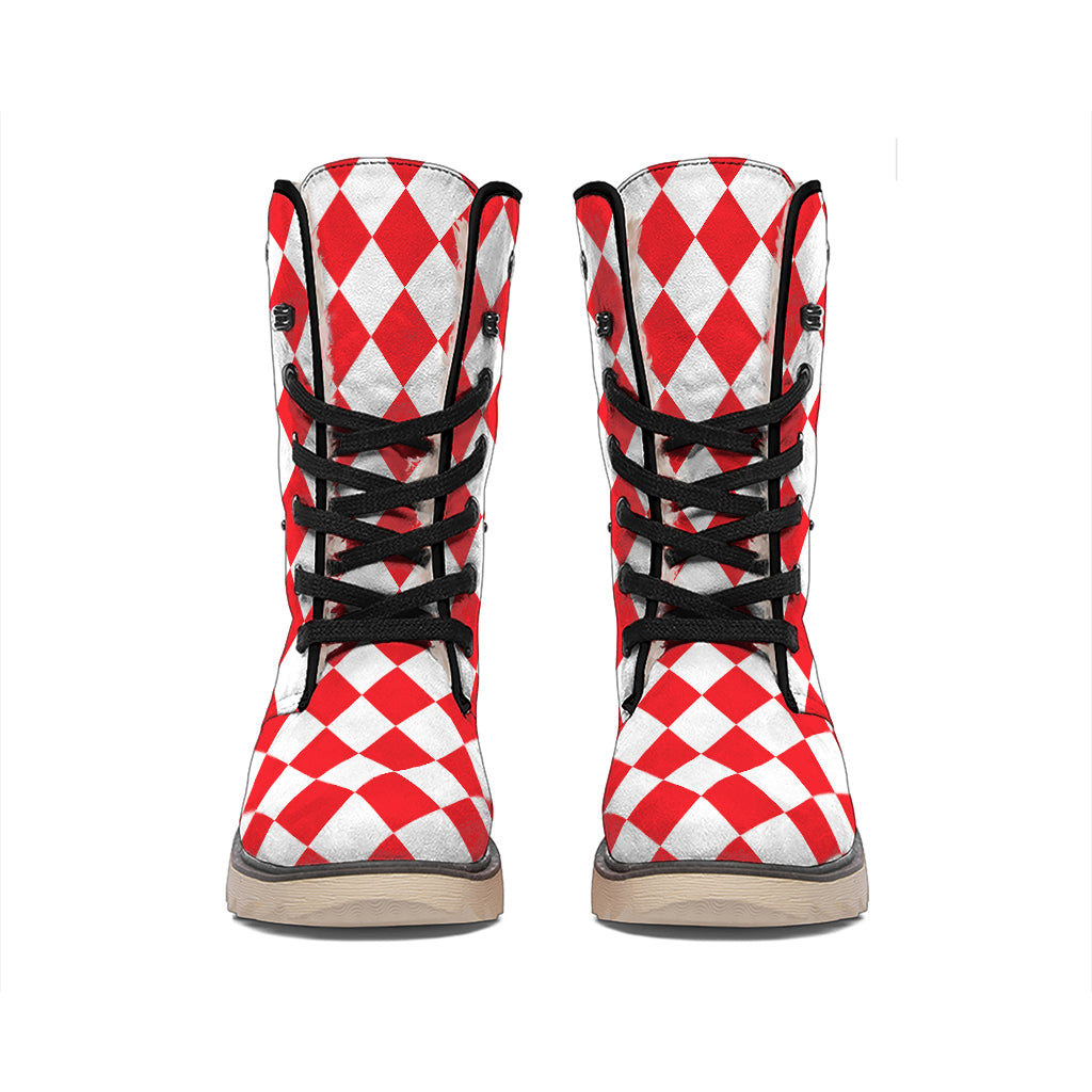 Red And White Harlequin Pattern Print Winter Boots