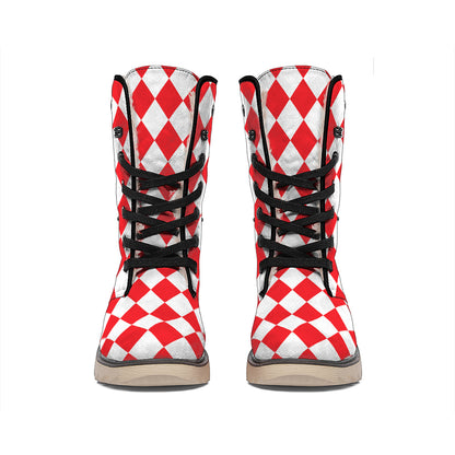 Red And White Harlequin Pattern Print Winter Boots