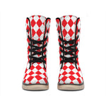 Red And White Harlequin Pattern Print Winter Boots