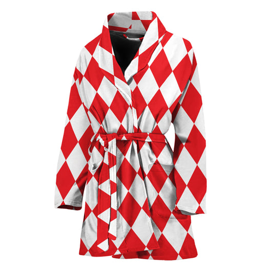 Red And White Harlequin Pattern Print Women's Bathrobe