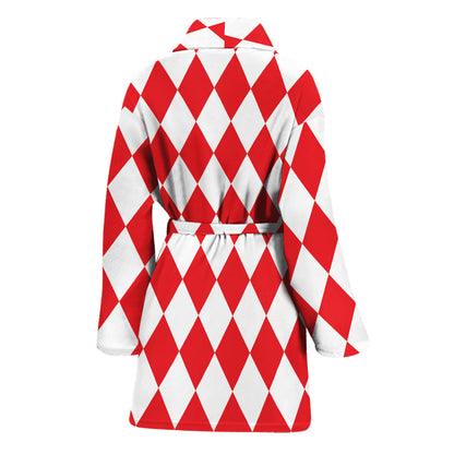 Red And White Harlequin Pattern Print Women's Bathrobe