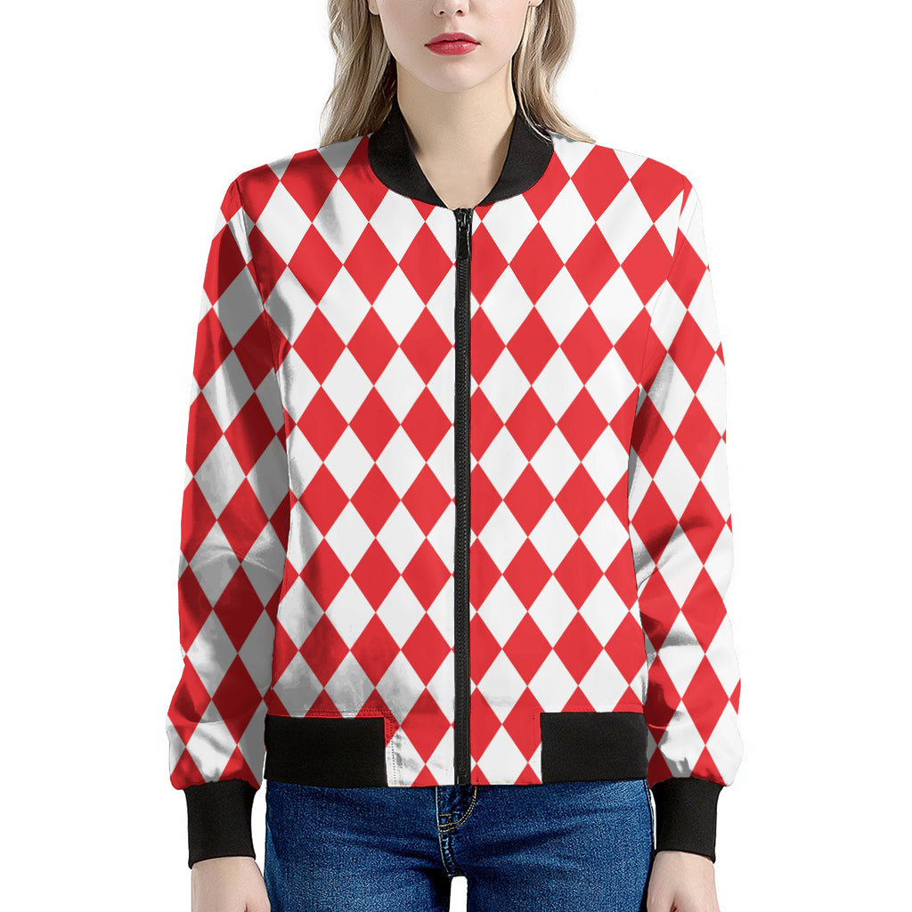 Red And White Harlequin Pattern Print Women's Bomber Jacket