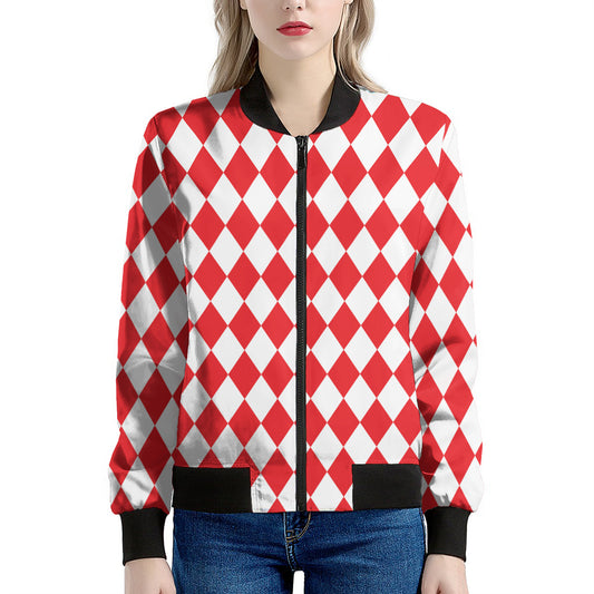 Red And White Harlequin Pattern Print Women's Bomber Jacket