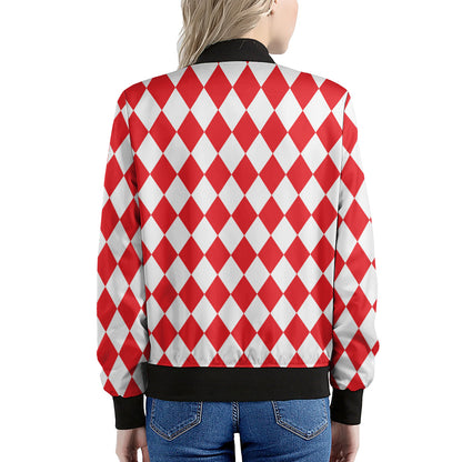 Red And White Harlequin Pattern Print Women's Bomber Jacket