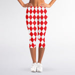Red And White Harlequin Pattern Print Women's Capri Leggings
