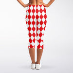 Red And White Harlequin Pattern Print Women's Capri Leggings