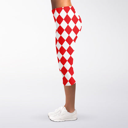 Red And White Harlequin Pattern Print Women's Capri Leggings