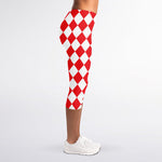 Red And White Harlequin Pattern Print Women's Capri Leggings