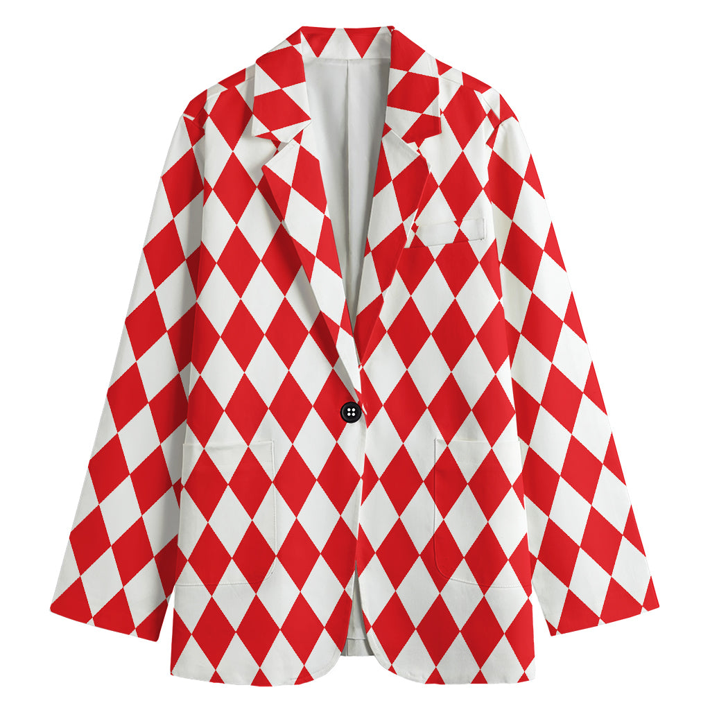 Red And White Harlequin Pattern Print Women's Cotton Blazer