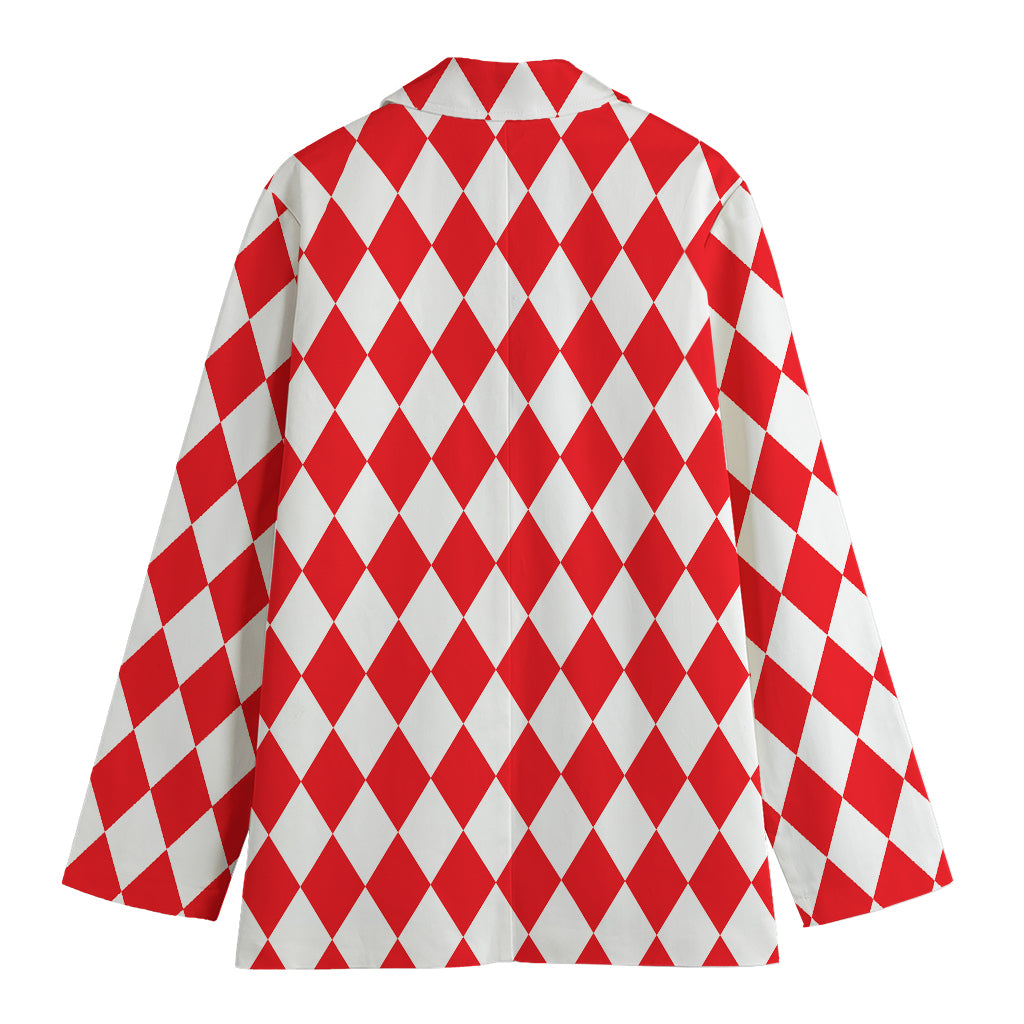 Red And White Harlequin Pattern Print Women's Cotton Blazer