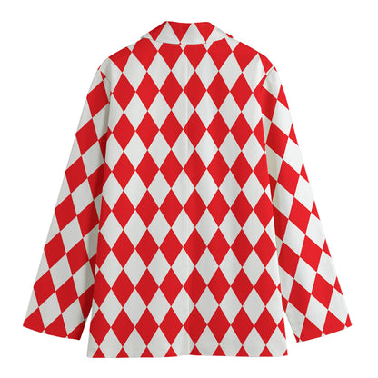 Red And White Harlequin Pattern Print Women's Cotton Blazer
