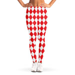 Red And White Harlequin Pattern Print Women's Leggings
