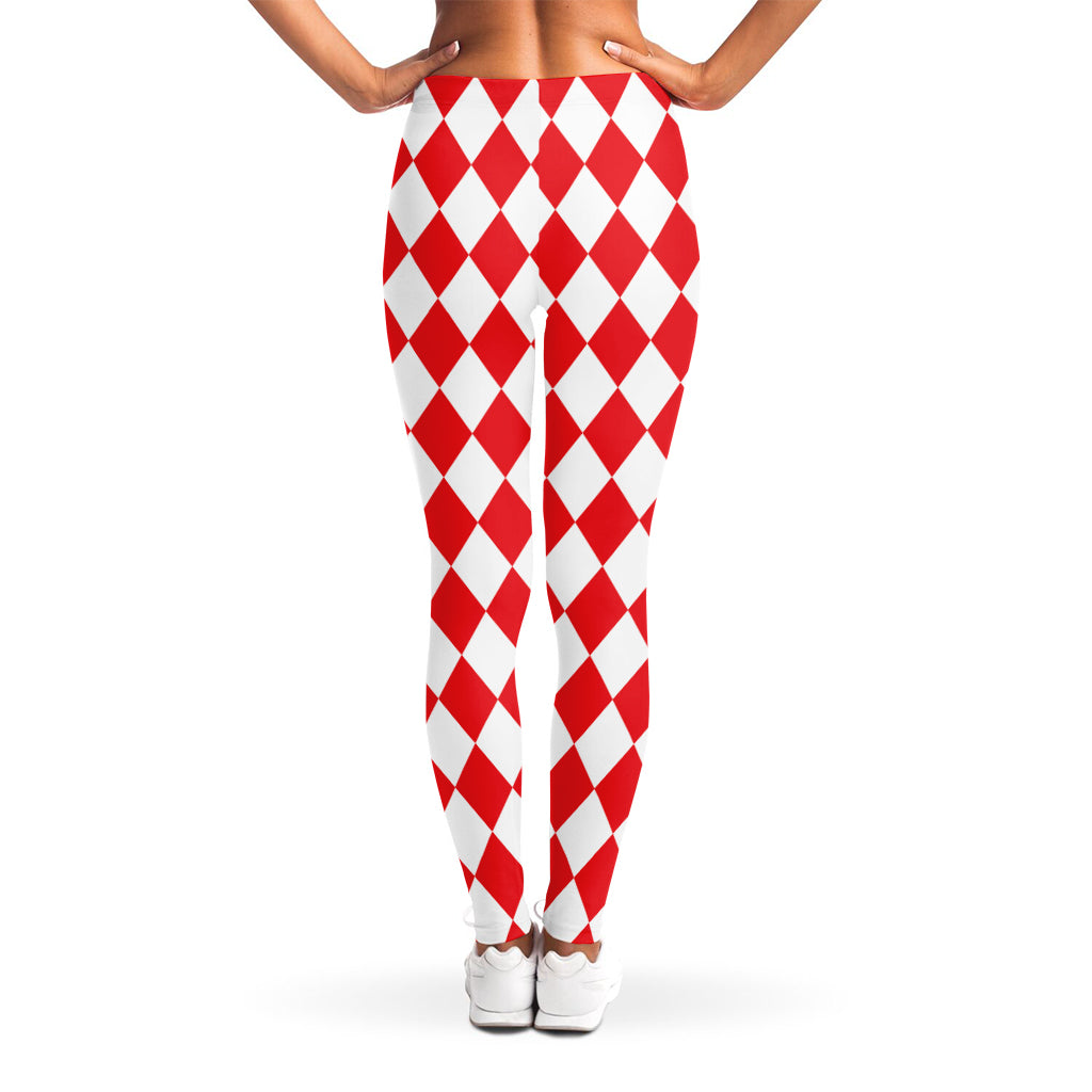 Red And White Harlequin Pattern Print Women's Leggings