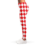 Red And White Harlequin Pattern Print Women's Leggings