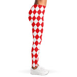 Red And White Harlequin Pattern Print Women's Leggings
