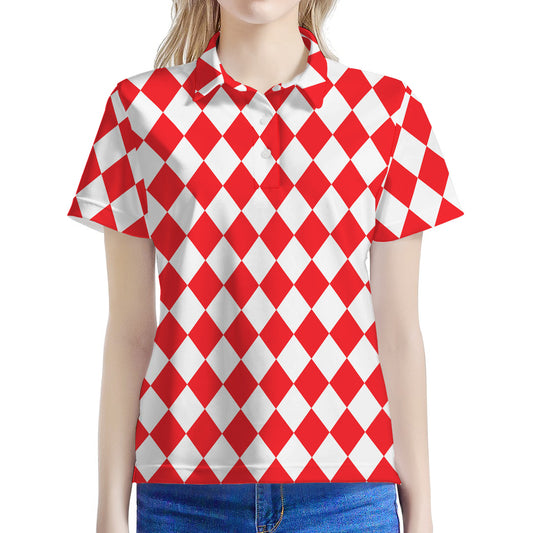 Red And White Harlequin Pattern Print Women's Polo Shirt
