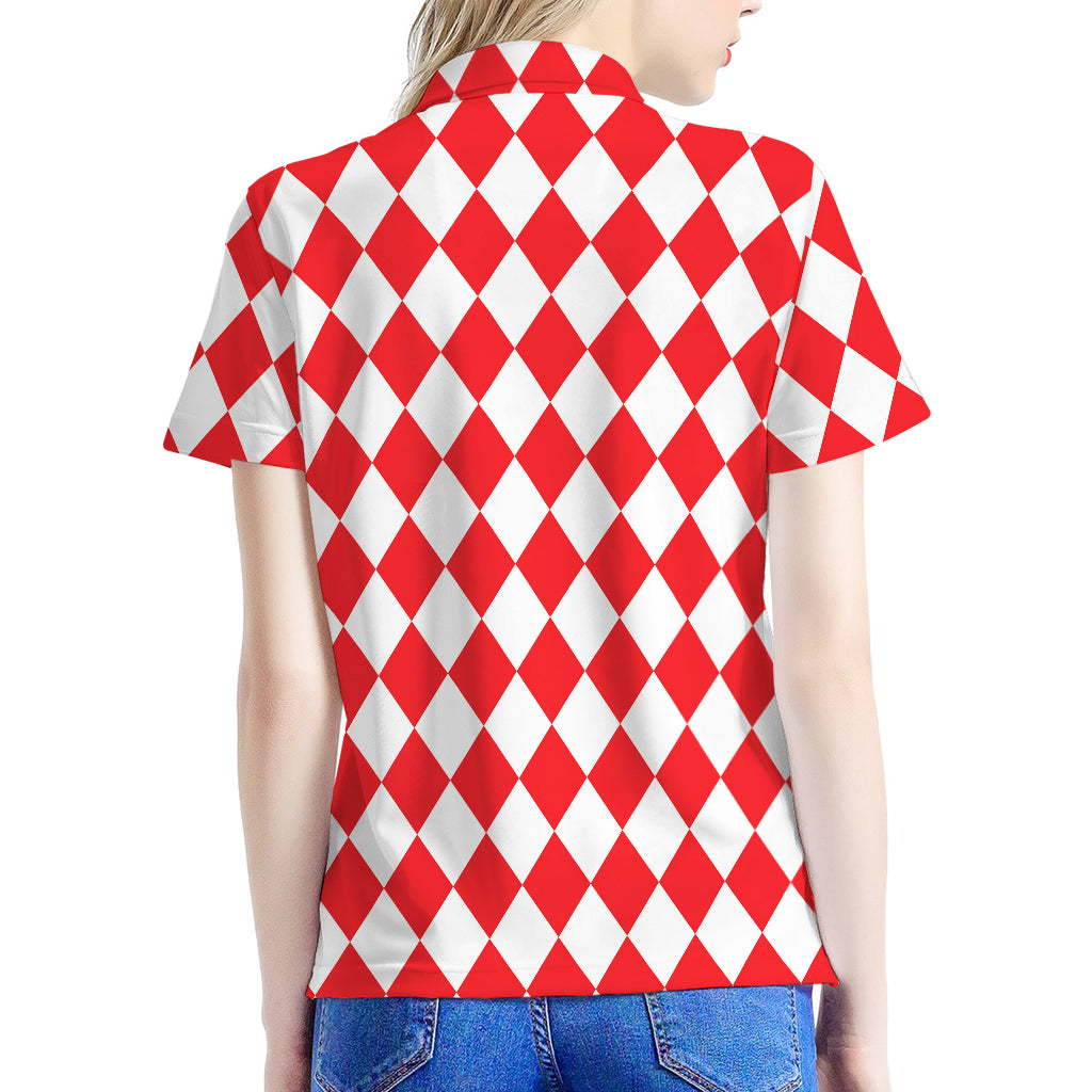 Red And White Harlequin Pattern Print Women's Polo Shirt