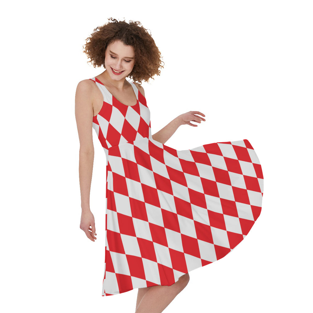 Red And White Harlequin Pattern Print Women's Sleeveless Dress