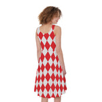 Red And White Harlequin Pattern Print Women's Sleeveless Dress