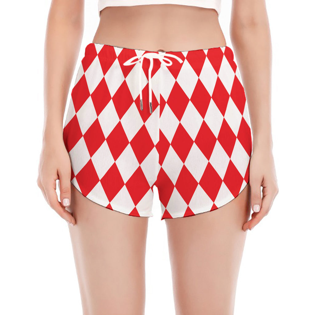 Red And White Harlequin Pattern Print Women's Split Running Shorts