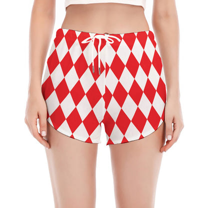 Red And White Harlequin Pattern Print Women's Split Running Shorts