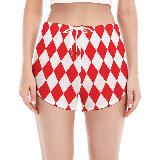 Red And White Harlequin Pattern Print Women's Split Running Shorts