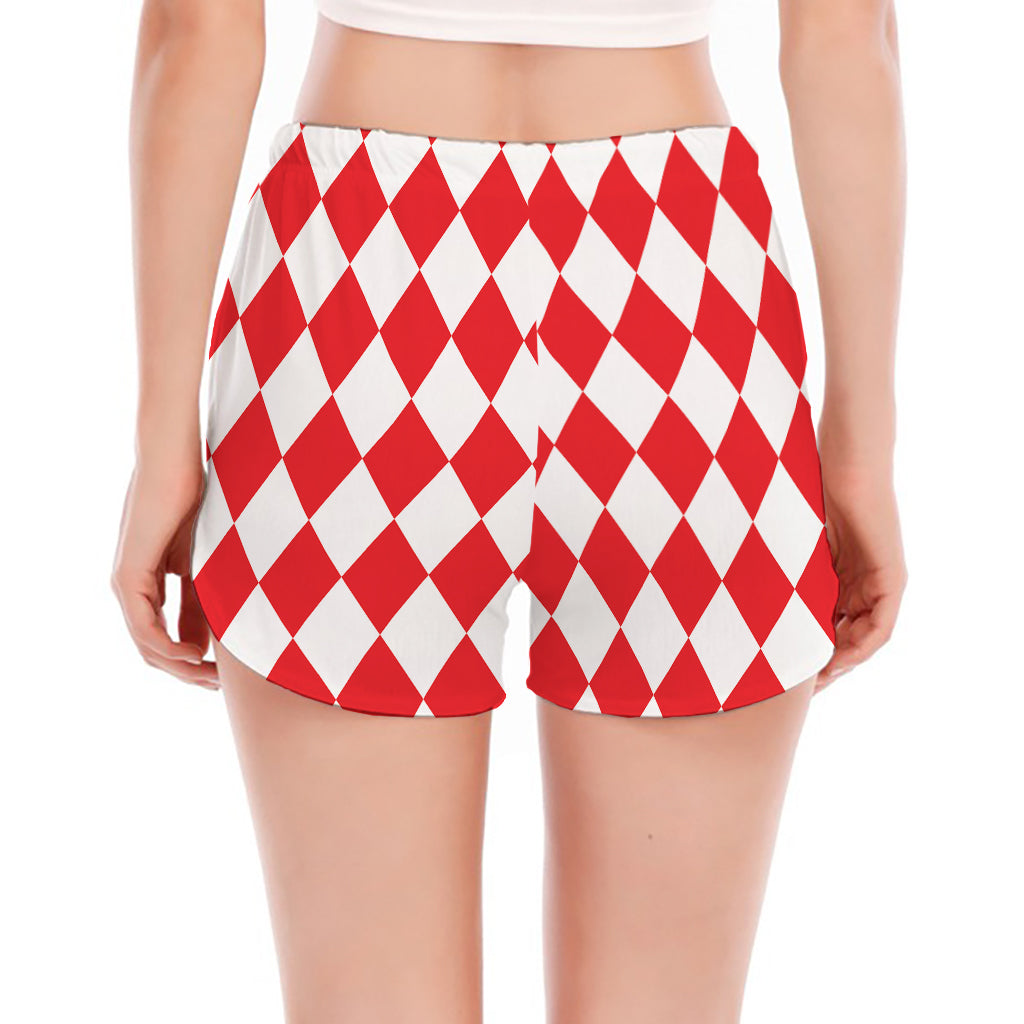Red And White Harlequin Pattern Print Women's Split Running Shorts