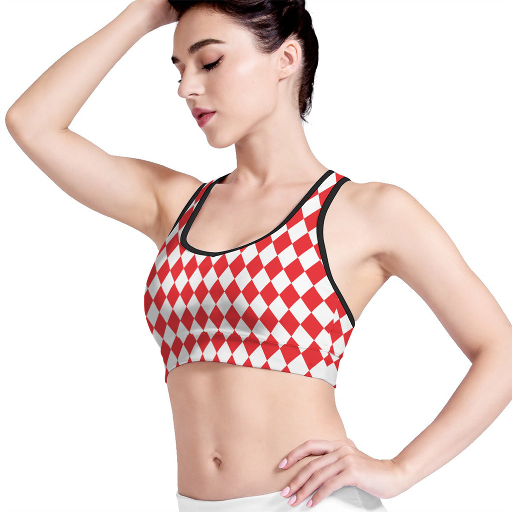 Red And White Harlequin Pattern Print Women's Sports Bra