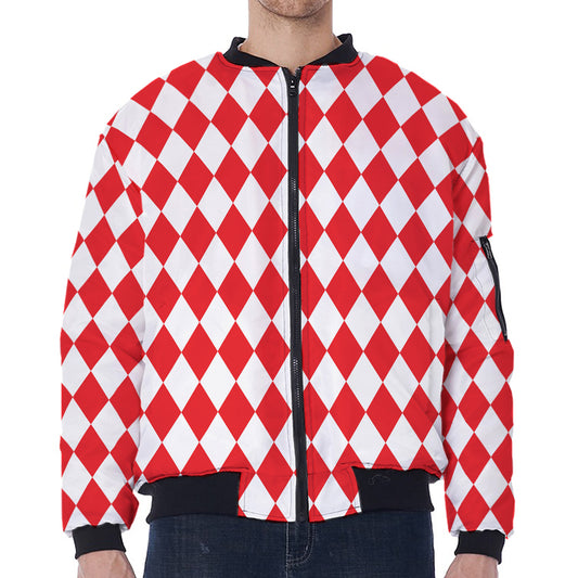 Red And White Harlequin Pattern Print Zip Sleeve Bomber Jacket