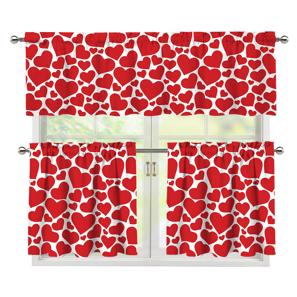 Red And White Heart Pattern Print 3 Piece Kitchen Curtains