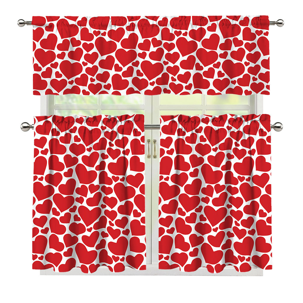 Red And White Heart Pattern Print 3 Piece Kitchen Curtains