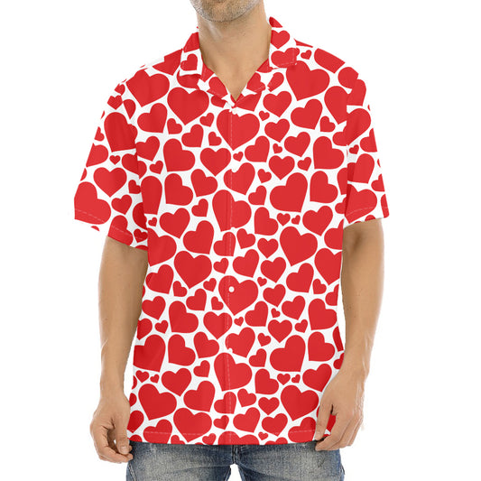 Red And White Heart Pattern Print Aloha Shirt