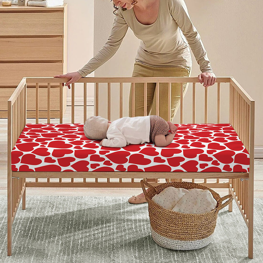 Red And White Heart Pattern Print Baby Crib Sheet