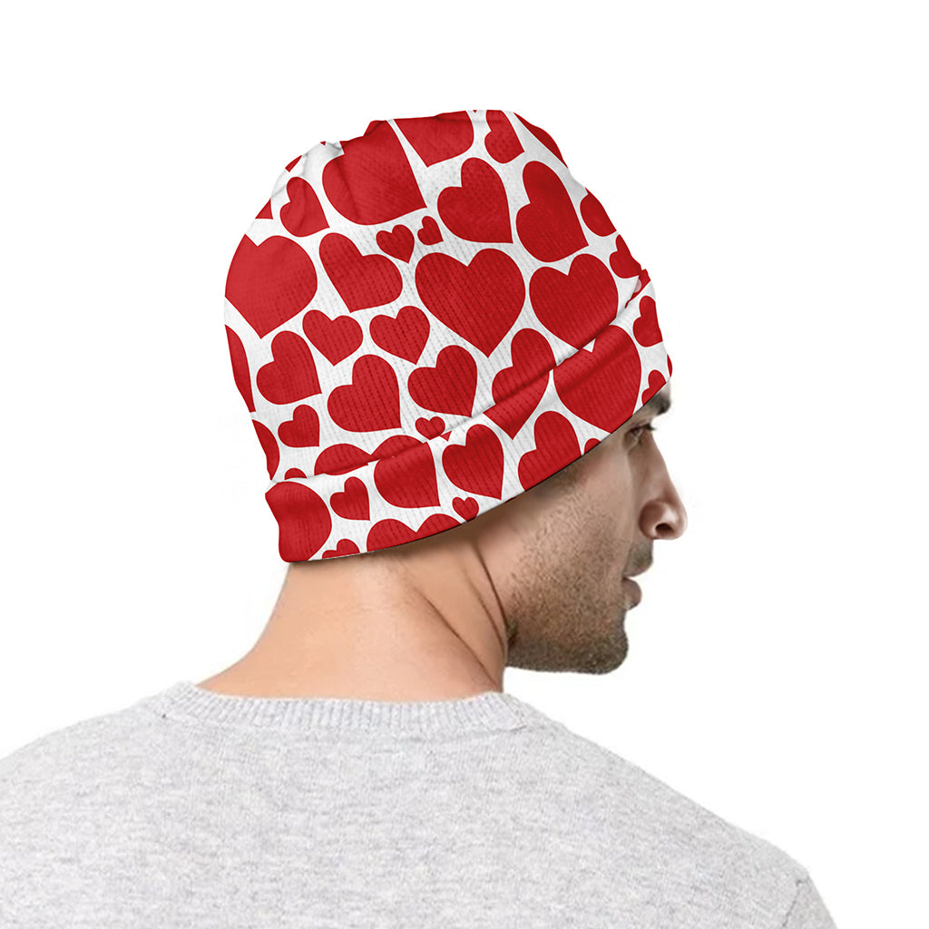 Red And White Heart Pattern Print Beanie
