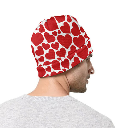 Red And White Heart Pattern Print Beanie